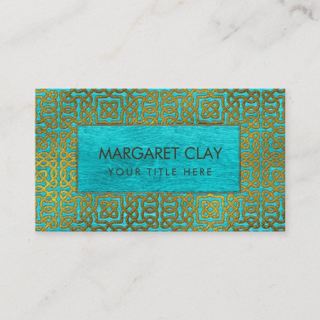 Golden Embossed Celtic Pattern on blue wood Business Card (Front)