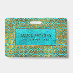 Golden Embossed Celtic Pattern on blue wood ID Badge
