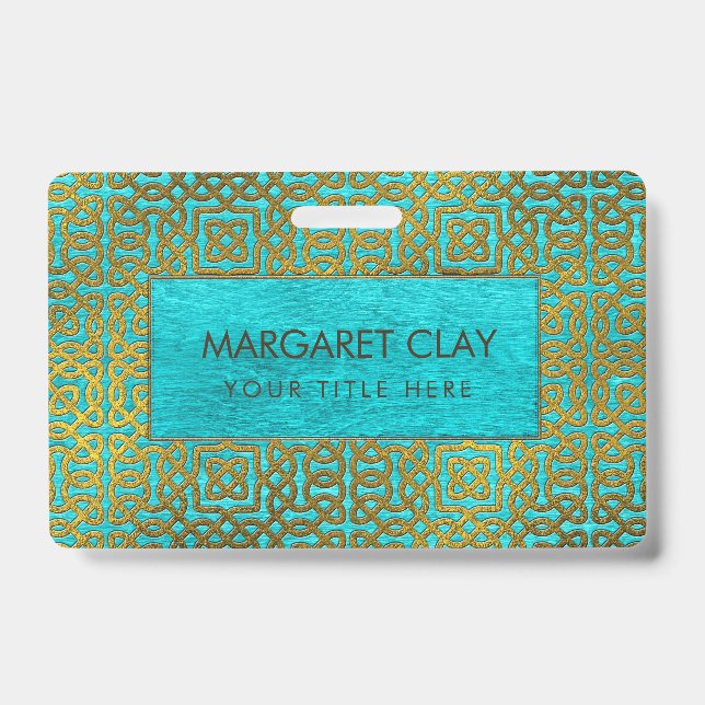 Golden Embossed Celtic Pattern on blue wood ID Badge (Front)