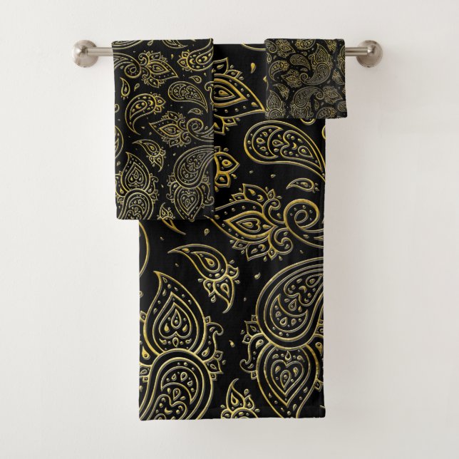 Golden Embossed Paisley pattern on black Bath Towel Set (Insitu)