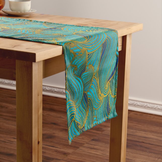 Golden Embossed Swirl Wave Pattern on Blue Short Table Runner (In Situ)