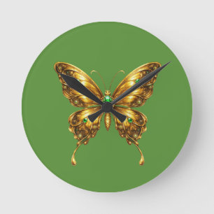 Golden Emerald Crystal Butterfly Round Clock