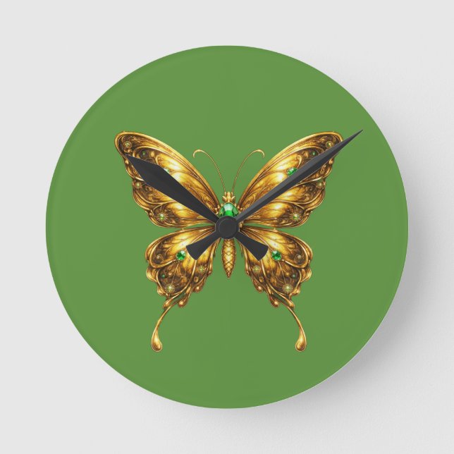 Golden Emerald Crystal Butterfly Round Clock (Front)