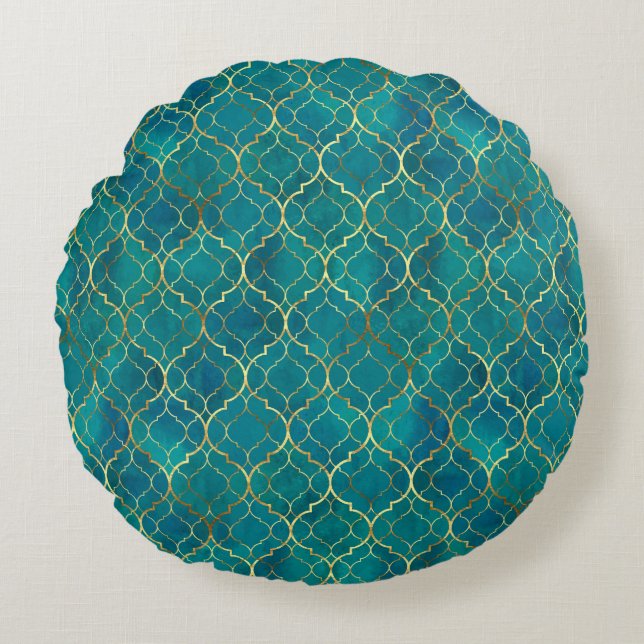 Golden Emerald Geometry Round Cushion (Front)