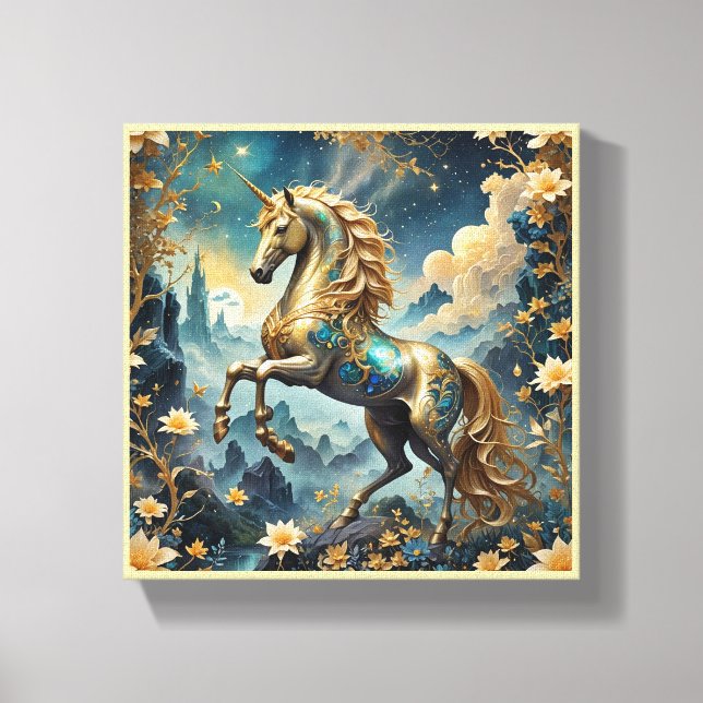 Golden Enchanted Unicorn Fantasy Stretched Canvas Print (Front)