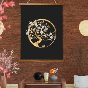 Golden Enso Zen Circle Sakura tree Hanging Tapestry