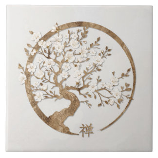 Golden Enso Zen Circle Sakura tree Tile
