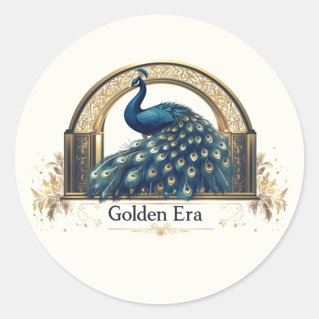 Golden Era Logo with Elegant Peacock Design Classic Round Sticker (Front)