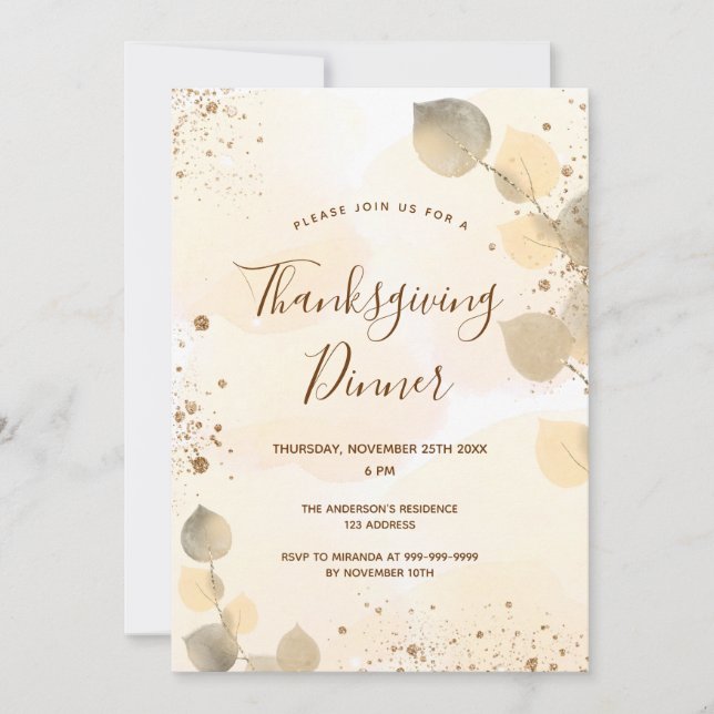 Golden eucalyptus foliage Thanksgiving Dinner Invitation (Front)