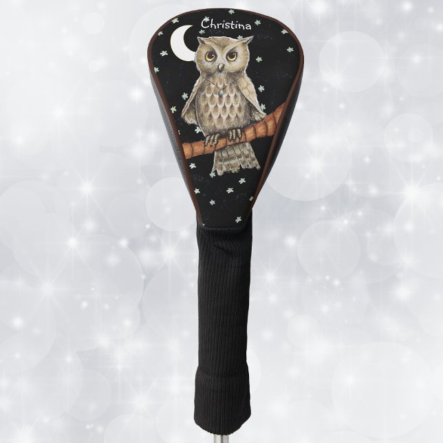 Golden Eyed Owl Wearing Blue Necklace Moon Stars Golf Head Cover (Brown owl on branch blue necklace moon and stars on black golf club cover.)