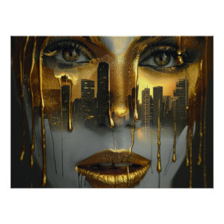 Golden Face Surrealist City Urban Digital Art Poster