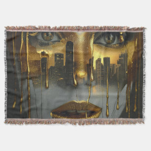 Golden Face Surrealist City Urban Digital Art Throw Blanket