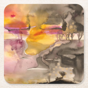 golden fall square paper coaster