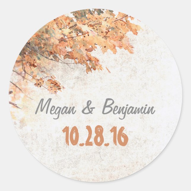 Golden Fall Tree Leaves Rustic Wedding Classic Round Sticker (Front)