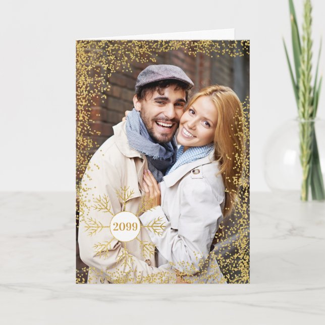 Golden Faux Glitter and Snowflake Christmas Photo Holiday Card (Front)
