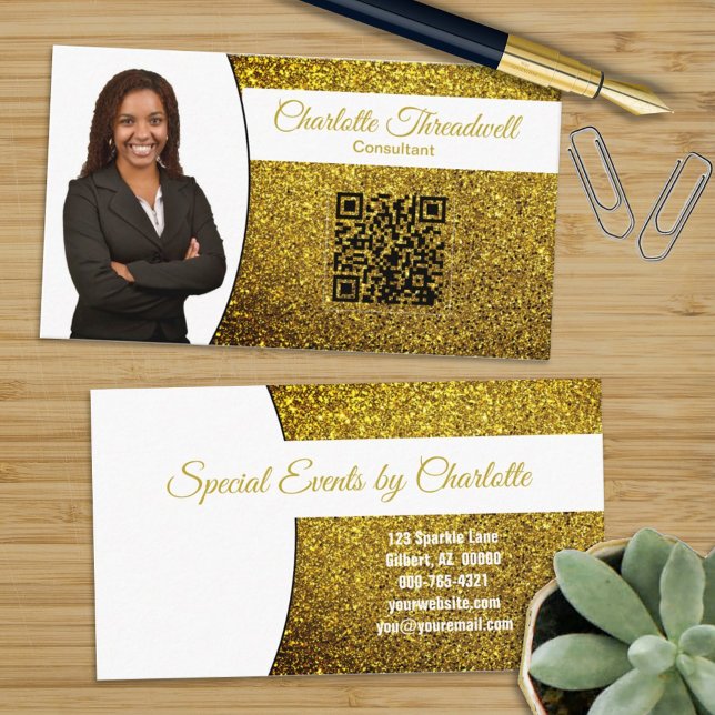 Golden Faux Glitter with Custom Photo & QR Code Business Card (Creator Uploaded)