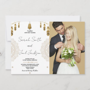 Golden Feather and Art Wedding Invitations w Photo