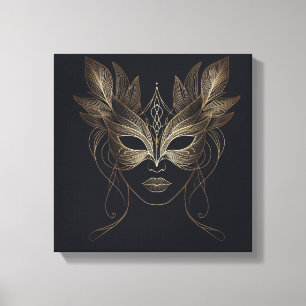 Golden Feather Mask Feminine Portrait Minimal Line Canvas Print