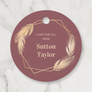 Golden Feathers on Mauve Favour Tags