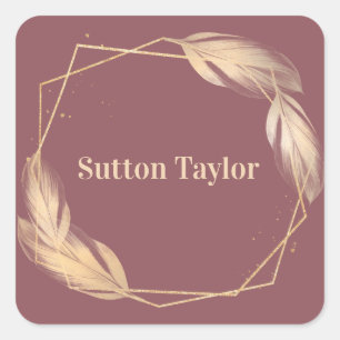 Golden Feathers on Mauve Square Sticker
