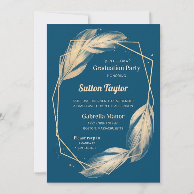 Golden Feathers on Navy Graduation Party Invitation (Front)