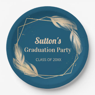 Golden Feathers on Navy Graduation Party Paper Plate