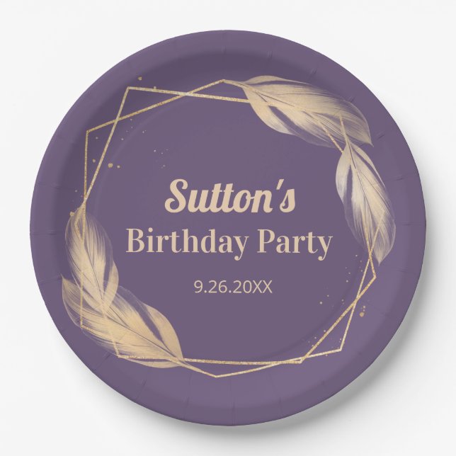 Golden Feathers on Plum Birthday Party Paper Plate (Front)