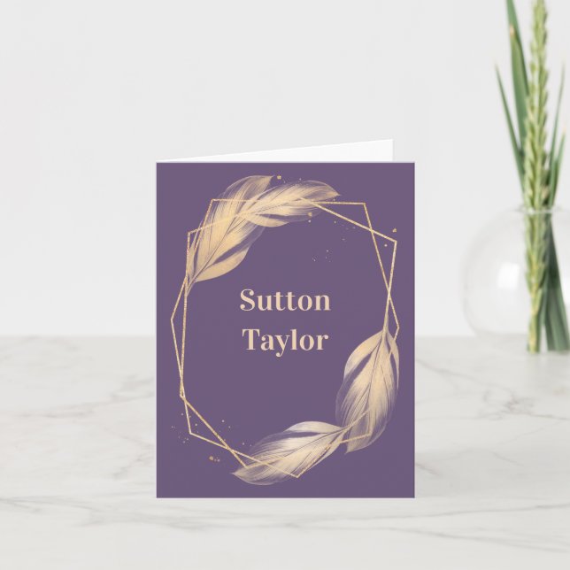 Golden Feathers on Plum Note Card (Front)
