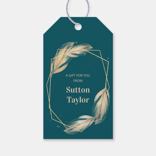 Golden Feathers on Teal Gift Tags (Front)