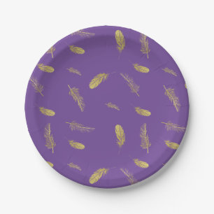Golden Feathers Purple Paper Plate