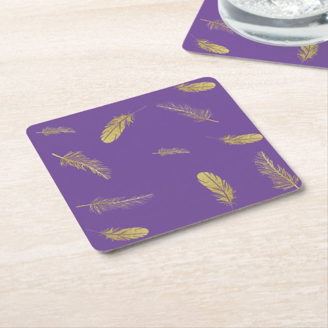 Golden Feathers Purple Square Paper Coaster (Angled)