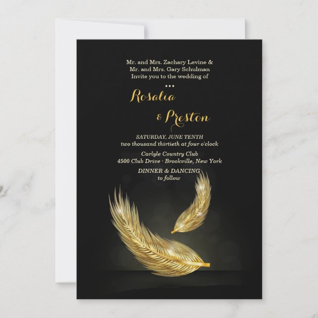 Golden Feathers Wedding Invitations (Front)