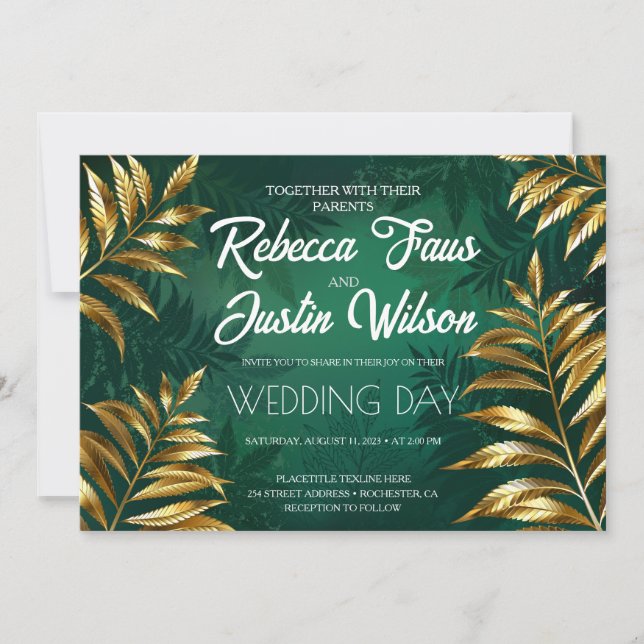 Golden fern arrangement wedding invitation (Front)