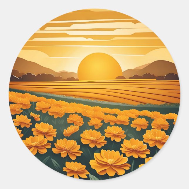 Golden Fields of Marigolds Classic Round Sticker (Front)