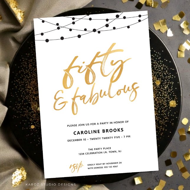 Golden Fifty and Fabulous 50th Birthday Invitation (5oth Birthday Invitation shown in a flat 5x7 card. Faux Gold script over white background.)