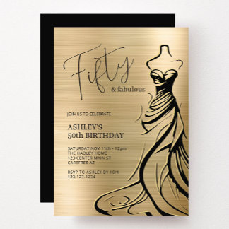 Golden Fifty and Fabulous Dress 50th Birthday Invitation