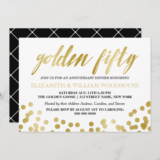 Golden Fifty Confetti | 50th Anniversary Dinner Invitation (Front/Back)