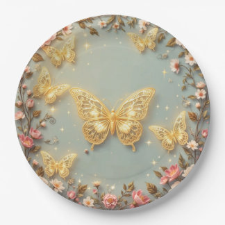 Golden filigree butterflies with floral decor paper plate