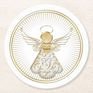 Golden Filigree Christmas Angel of Grace Round Paper Coaster