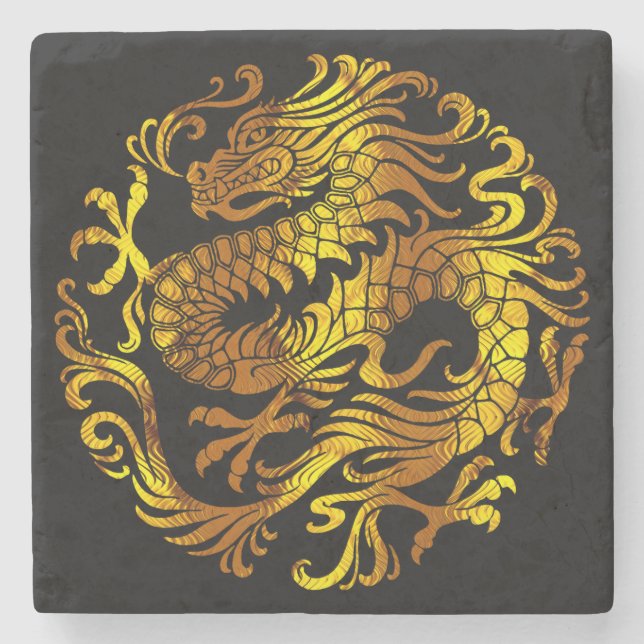 Golden Fire: A Dragon's Engraving Stone Coaster (Front)