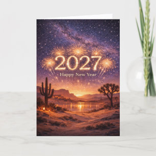 Golden Fireworks 2027 Desert Night Sky Celebration Holiday Card