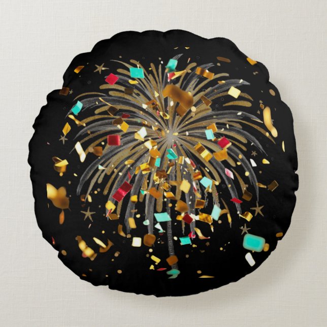 Golden Fireworks & Confetti Celebration Round Cushion (Front)