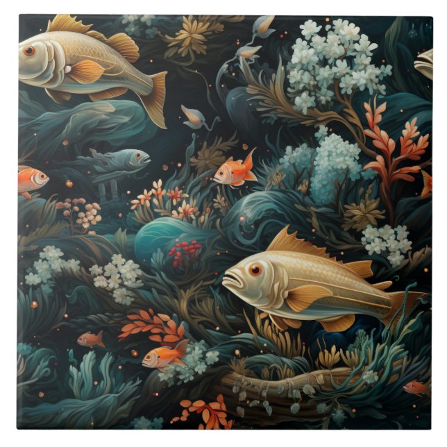 Golden Fish and Teal Underwater Botanicals Tile (Front)