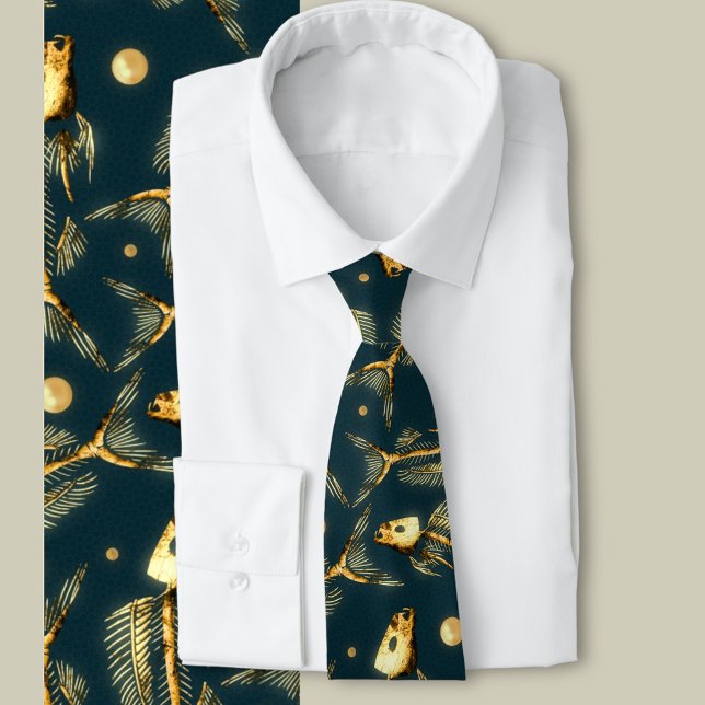 Golden Fish Bones   Tie (A golden fish bone and pearl pattern for the dark and deep ocean lover)