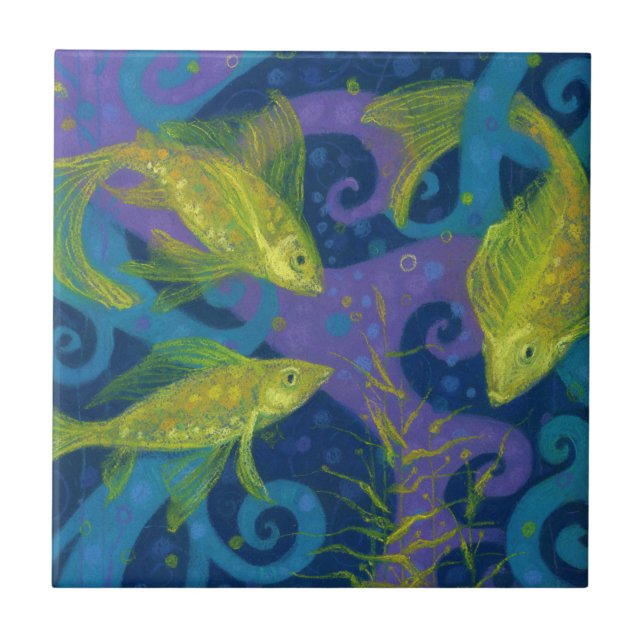 Golden Fish Fishes Water Animals Underwater Blue Tile (Front)