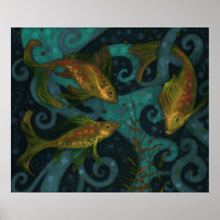 Golden Fish Underwater Animals Painting Black Teal