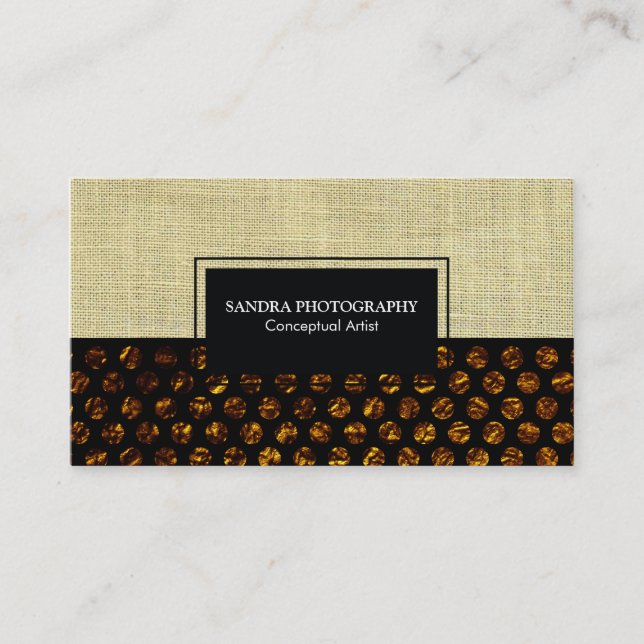 Golden Flake Polka Dots Burlap Texture Business Card (Front)