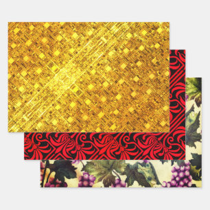 Golden Flare, Crimson Nouveau, and Grapes & Vines Wrapping Paper Sheet