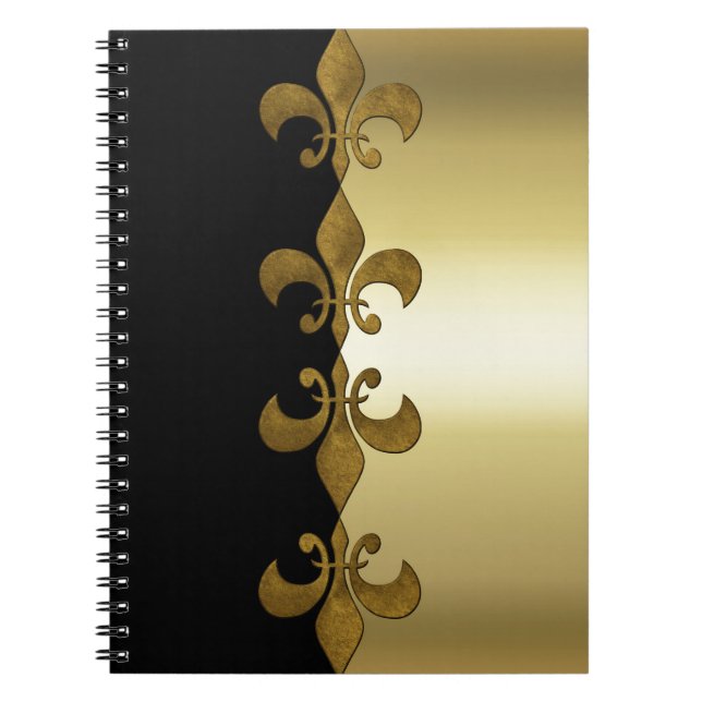 Golden Fleur-de-lis black golden custom monogram Spiral Notebook (Front)