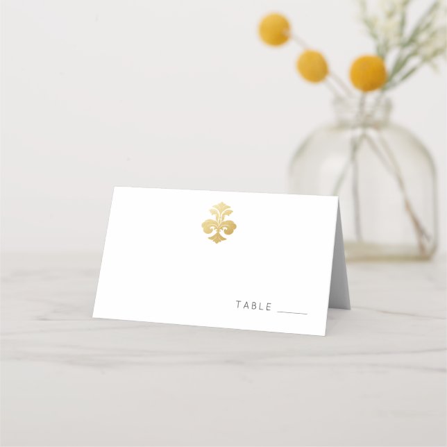 Golden Fleur de Lis Damask Pattern Place Card (Front)